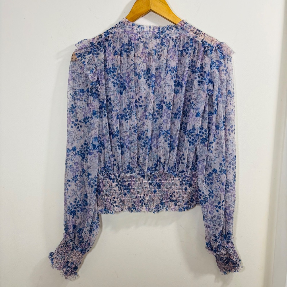 Free People Twyla Floral Sheer Smocked Puff Sleeve Blouse Lilac Boho Medium - Picture 6 of 7